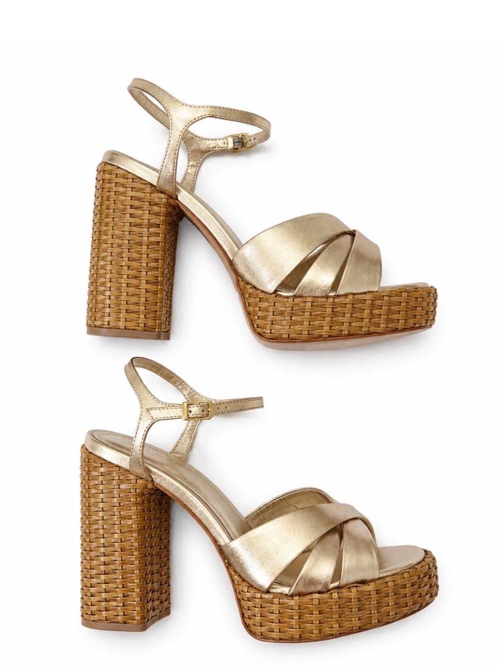 SCHUTZ Metallic Gold Leather Platform Sandals with Woven Rattan Heel